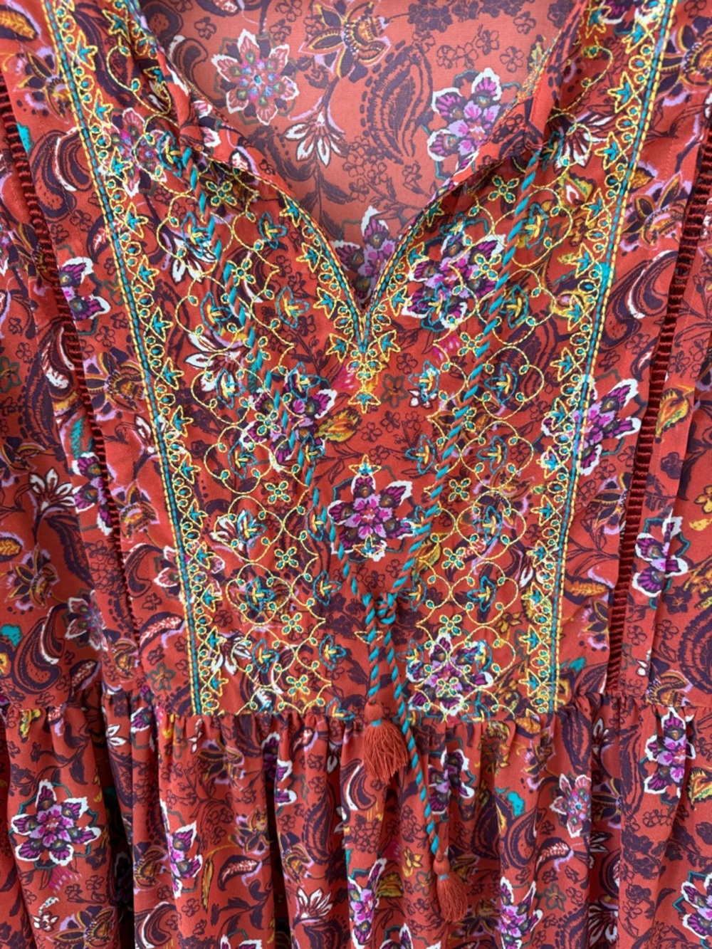 Time and Tru Rust Red Floral Long Sleeve Boho Tunic Dress - Picture 4 of 10